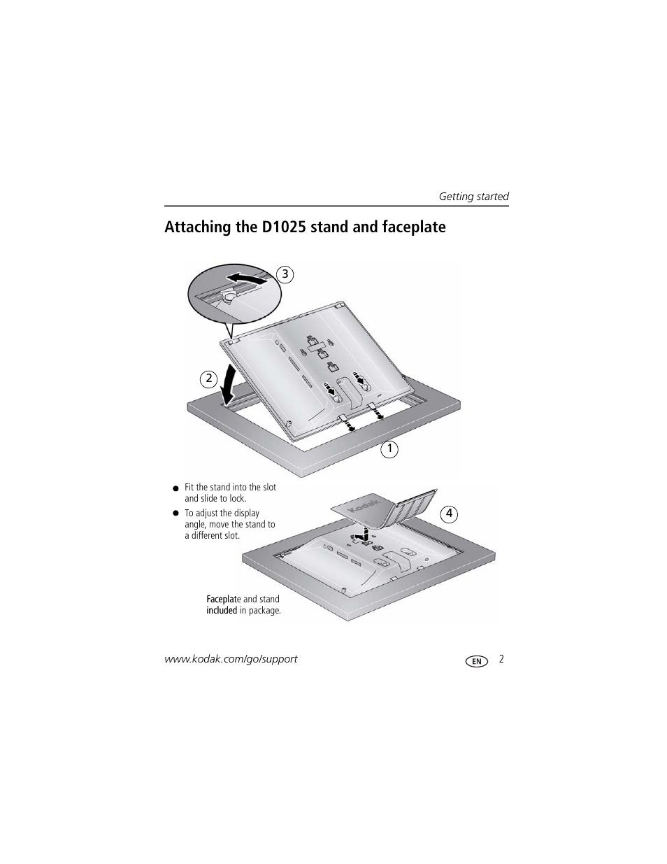 Attaching the d1025 stand and faceplate | Kodak EASYSHARE D725 User Manual | Page 7 / 36