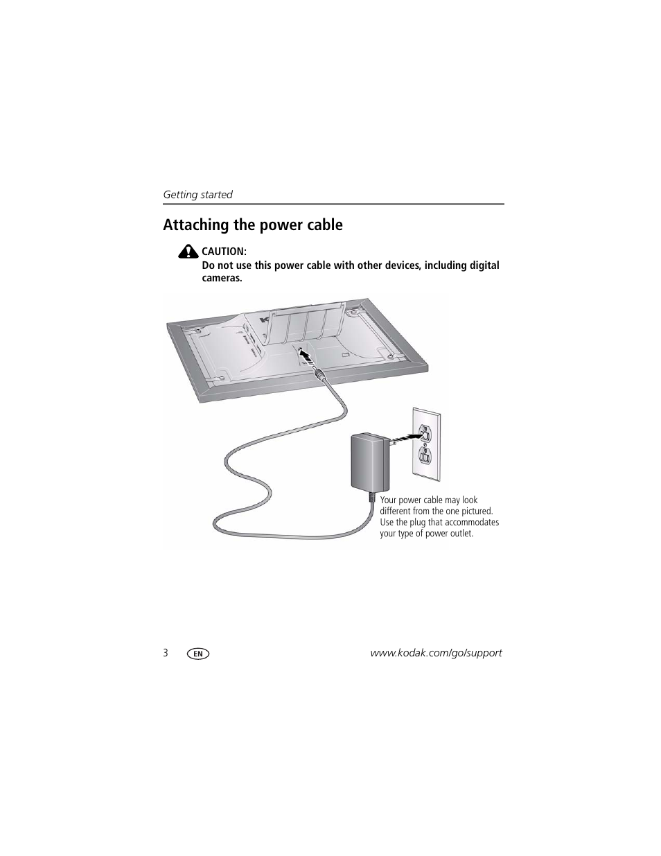 Attaching the power cable | Kodak EASYSHARE D725 User Manual | Page 8 / 36