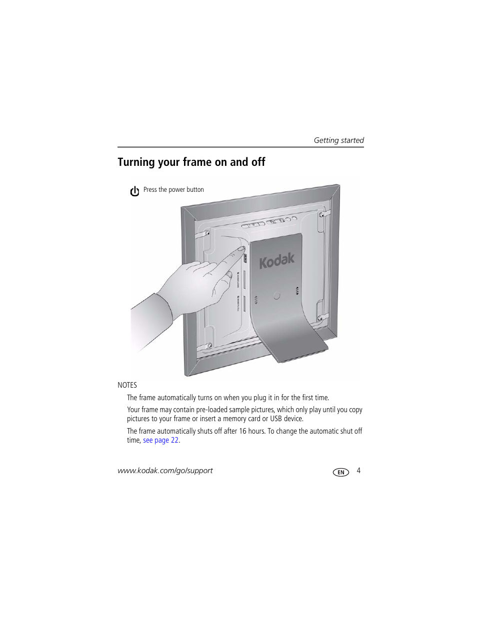 Turning your frame on and off | Kodak EASYSHARE D725 User Manual | Page 9 / 36