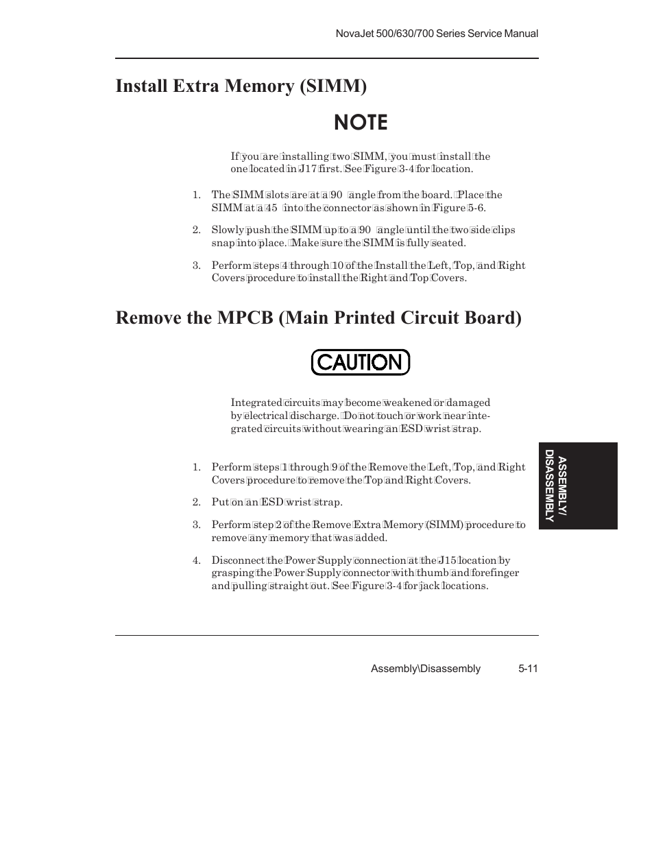 Install extra memory (simm), Remove the mpcb (main printed circuit board) | Kodak NOVAJET 700 User Manual | Page 123 / 192