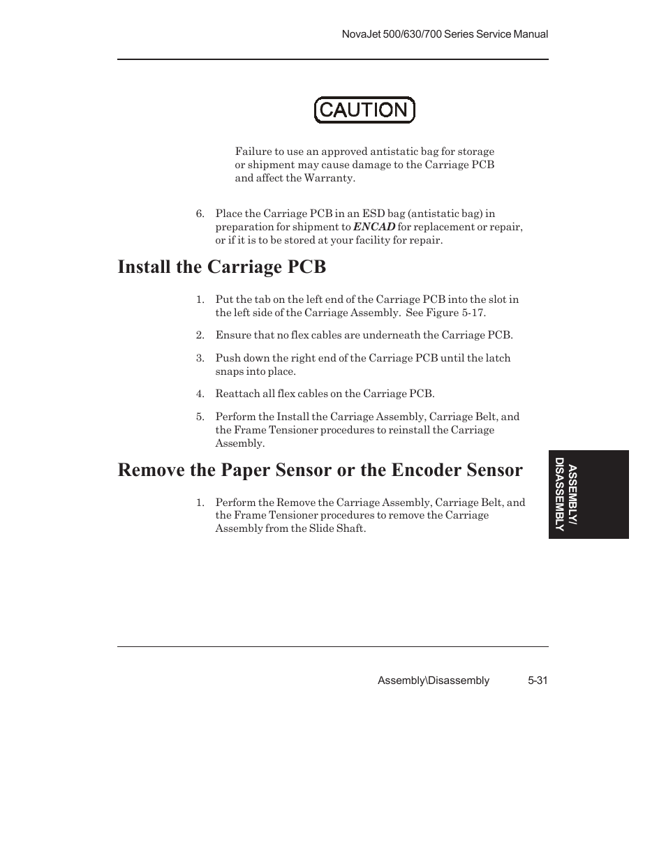 Install the carriage pcb, Remove the paper sensor or the encoder sensor | Kodak NOVAJET 700 User Manual | Page 143 / 192