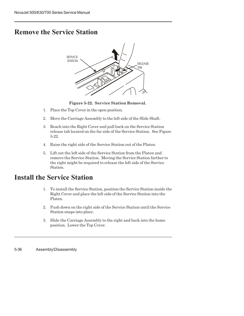 Remove the service station, Install the service station | Kodak NOVAJET 700 User Manual | Page 148 / 192