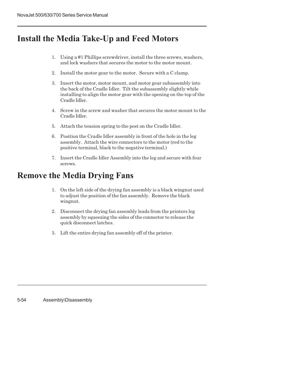 Install the media take-up and feed motors, Remove the media drying fans | Kodak NOVAJET 700 User Manual | Page 166 / 192