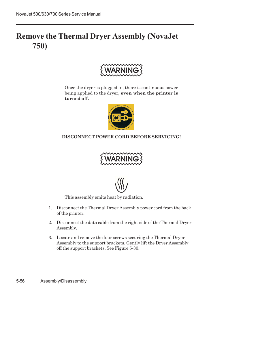 Remove the thermal dryer assembly (novajet 750), Warning | Kodak NOVAJET 700 User Manual | Page 168 / 192