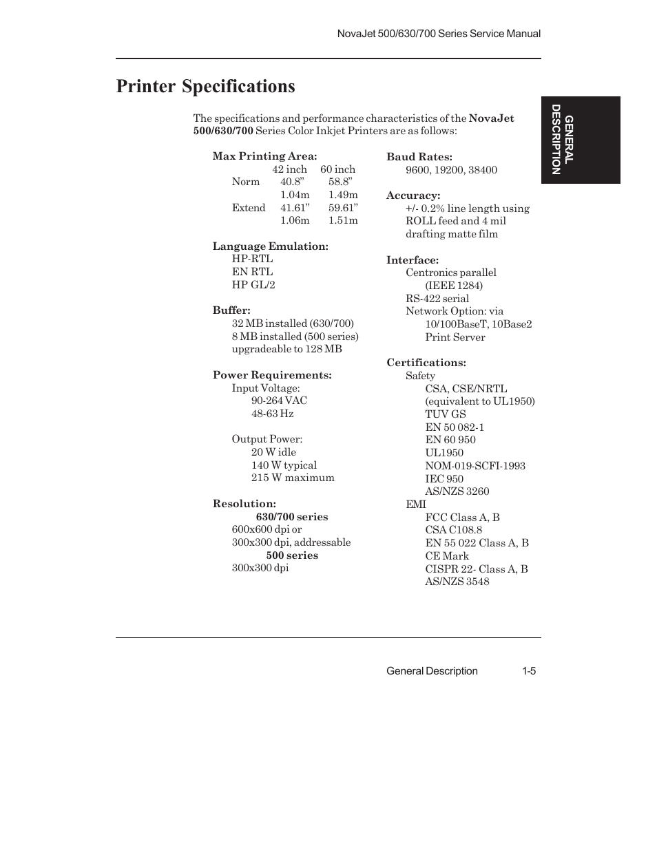 Printer specifications | Kodak NOVAJET 700 User Manual | Page 21 / 192