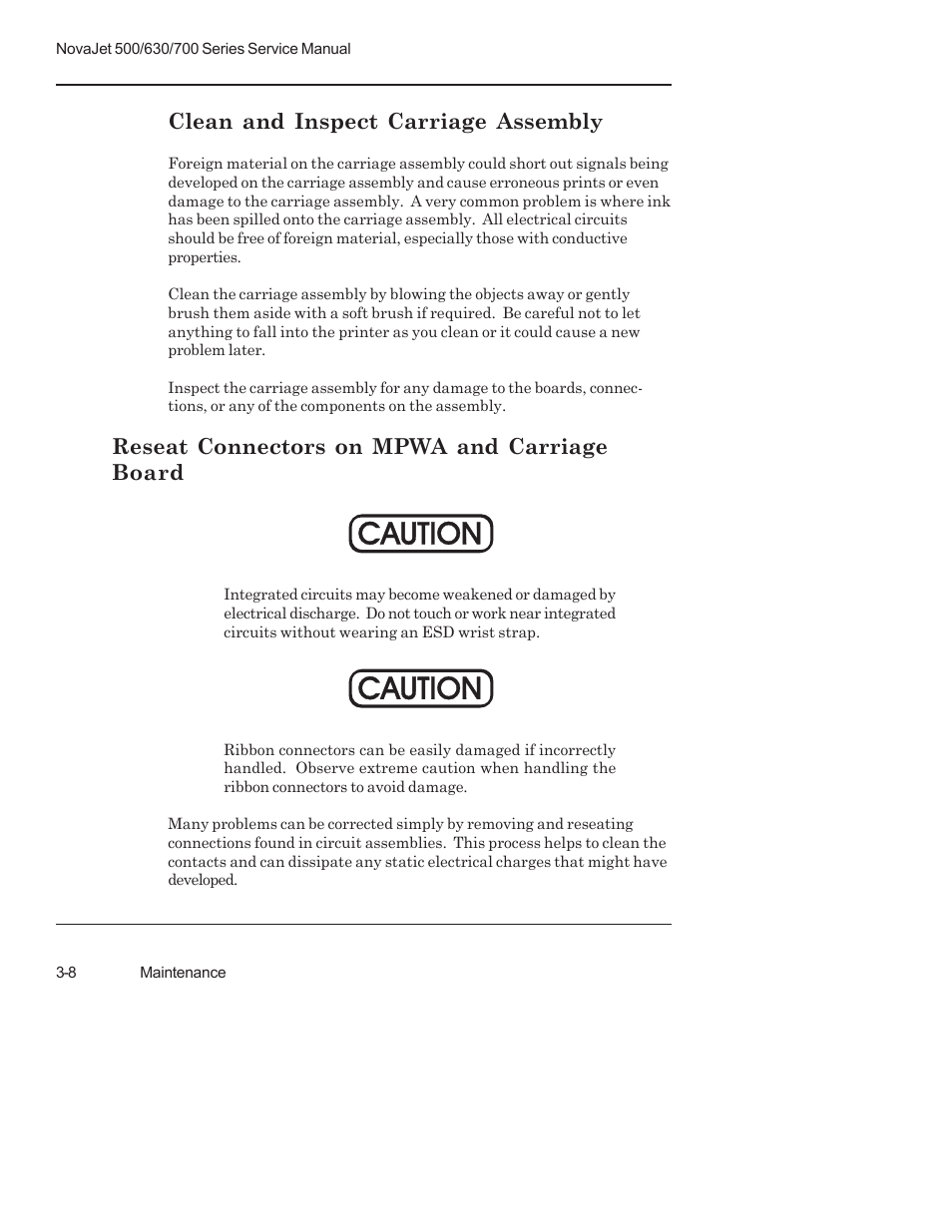 Clean and inspect carriage assembly, Reseat connectors on mpwa and carriage board, Caution | Kodak NOVAJET 700 User Manual | Page 50 / 192