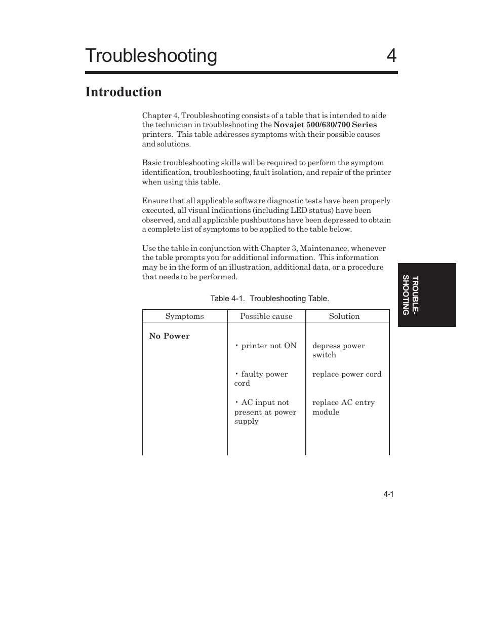 Troubleshooting, Introduction, No power | Kodak NOVAJET 700 User Manual | Page 91 / 192