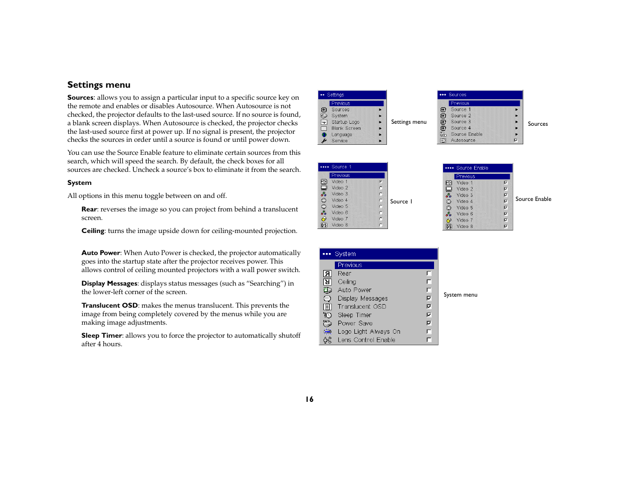 Settings menu | Kodak 777 User Manual | Page 16 / 33