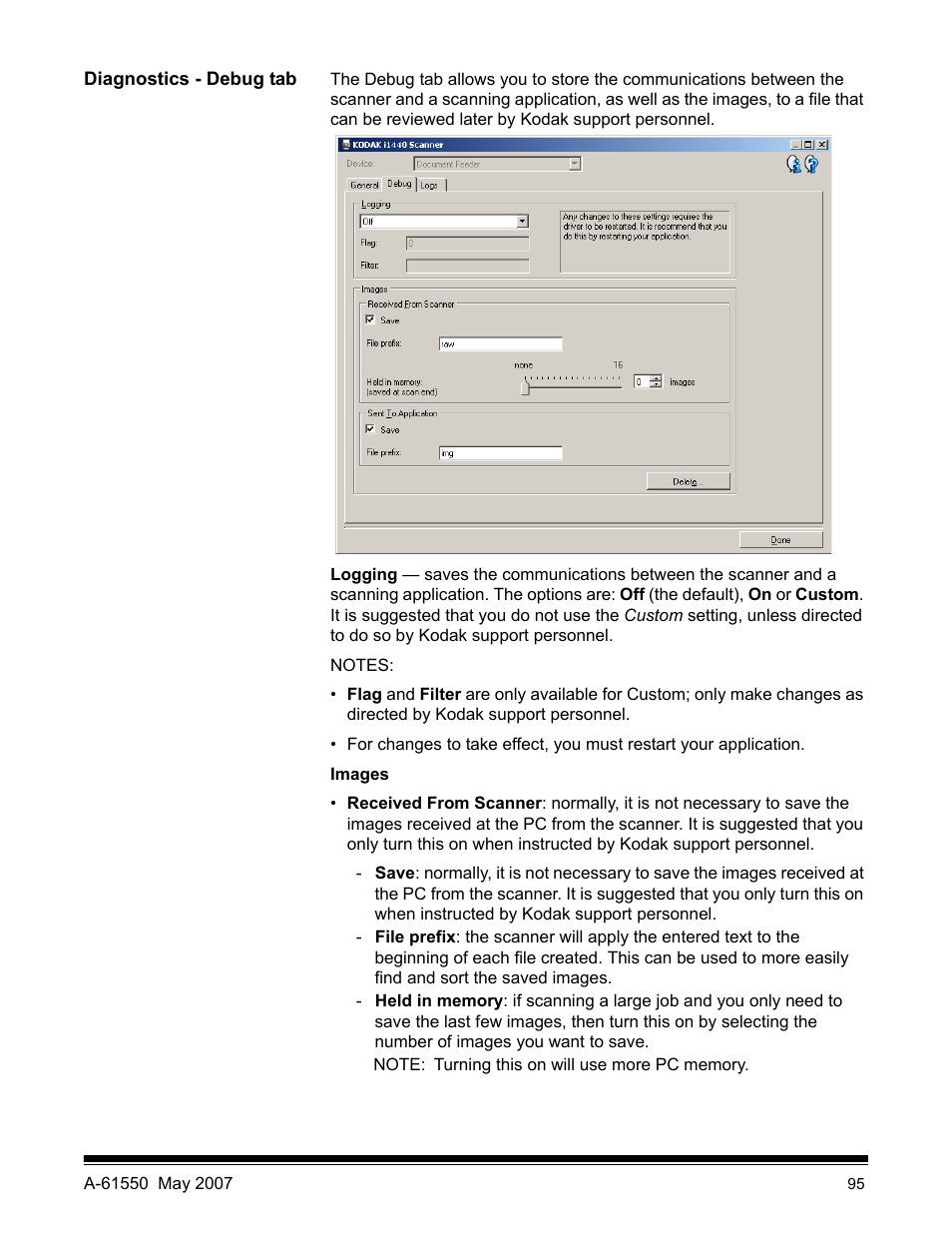 Diagnostics - debug tab | Kodak I1400 User Manual | Page 100 / 162