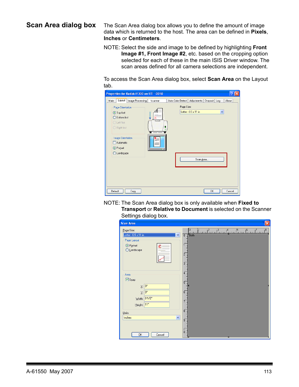 Scan area dialog box | Kodak I1400 User Manual | Page 118 / 162