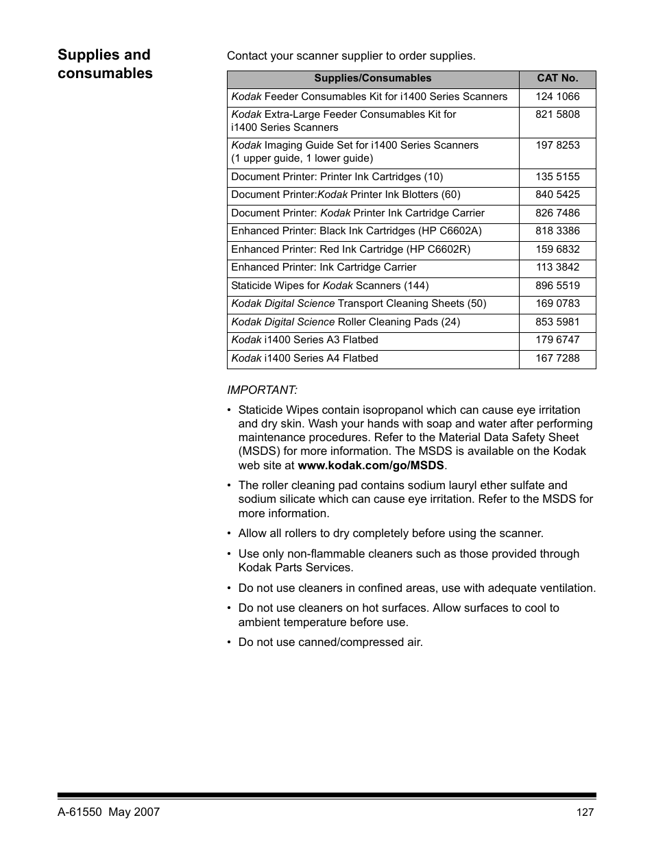 Supplies and consumables | Kodak I1400 User Manual | Page 132 / 162