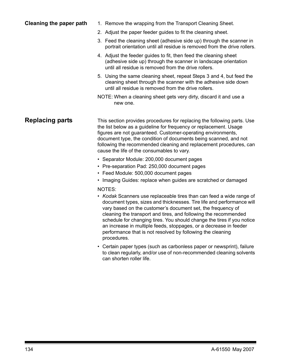 Cleaning the paper path, Replacing parts | Kodak I1400 User Manual | Page 139 / 162