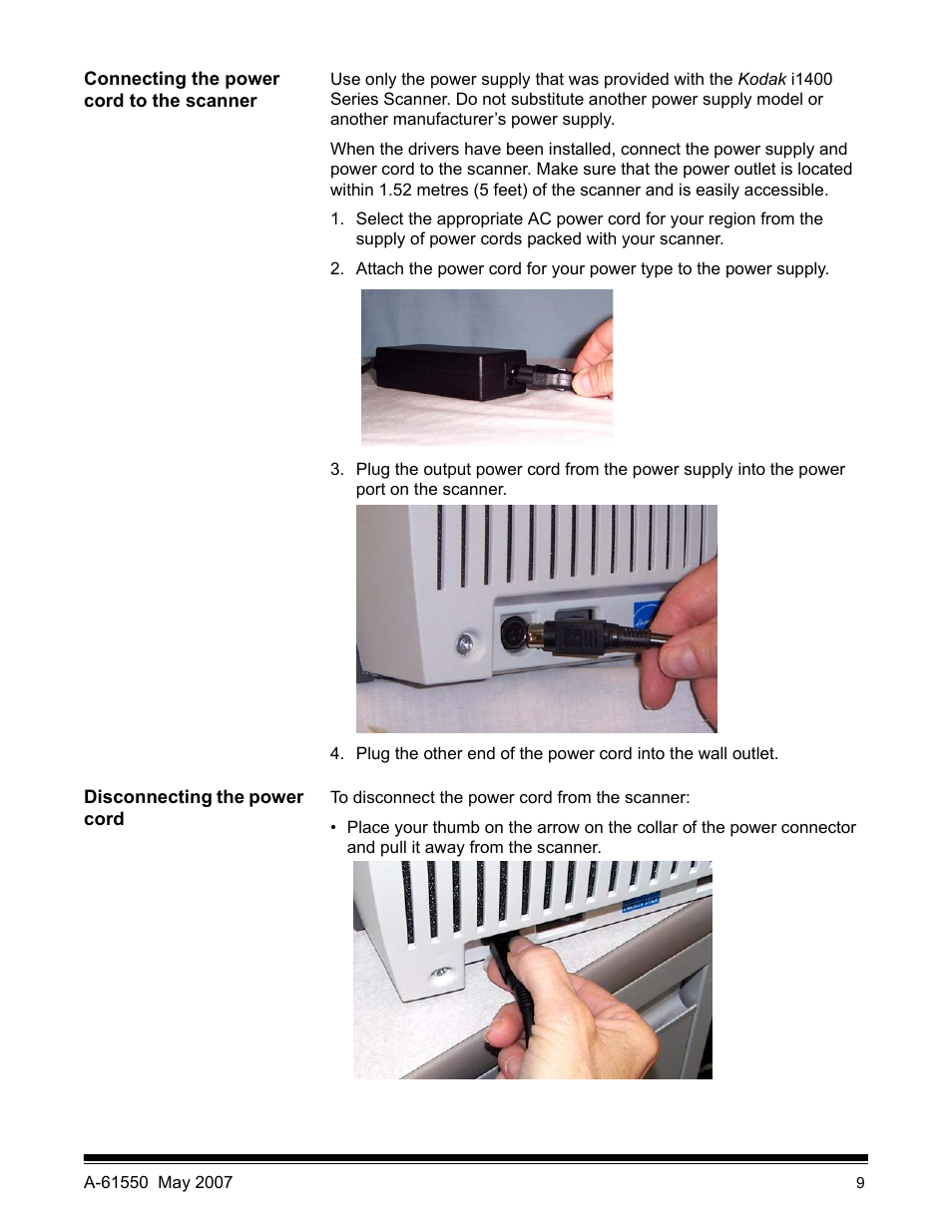 Connecting the power cord to the scanner | Kodak I1400 User Manual | Page 14 / 162