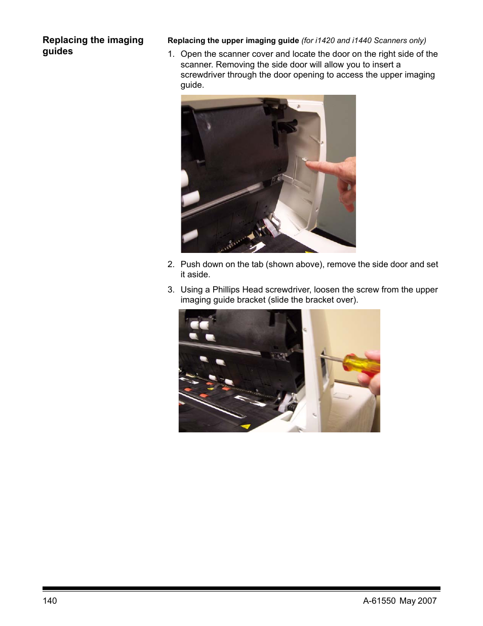 Replacing the imaging guides | Kodak I1400 User Manual | Page 145 / 162