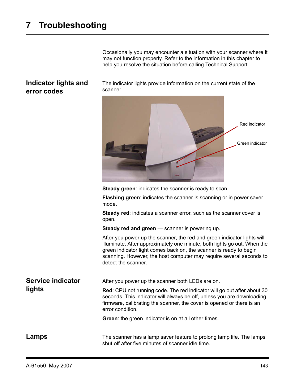 7 troubleshooting, Indicator lights and error codes, Service indicator lights | Lamps | Kodak I1400 User Manual | Page 148 / 162