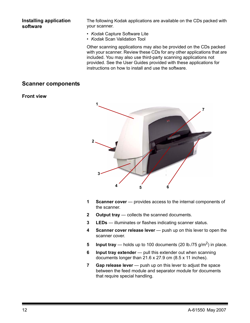 Installing application software, Scanner components, Front view | Kodak I1400 User Manual | Page 17 / 162