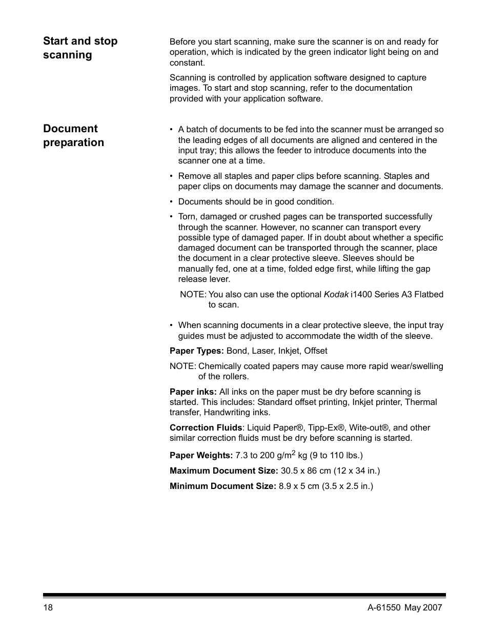 Start and stop scanning, Document preparation | Kodak I1400 User Manual | Page 23 / 162