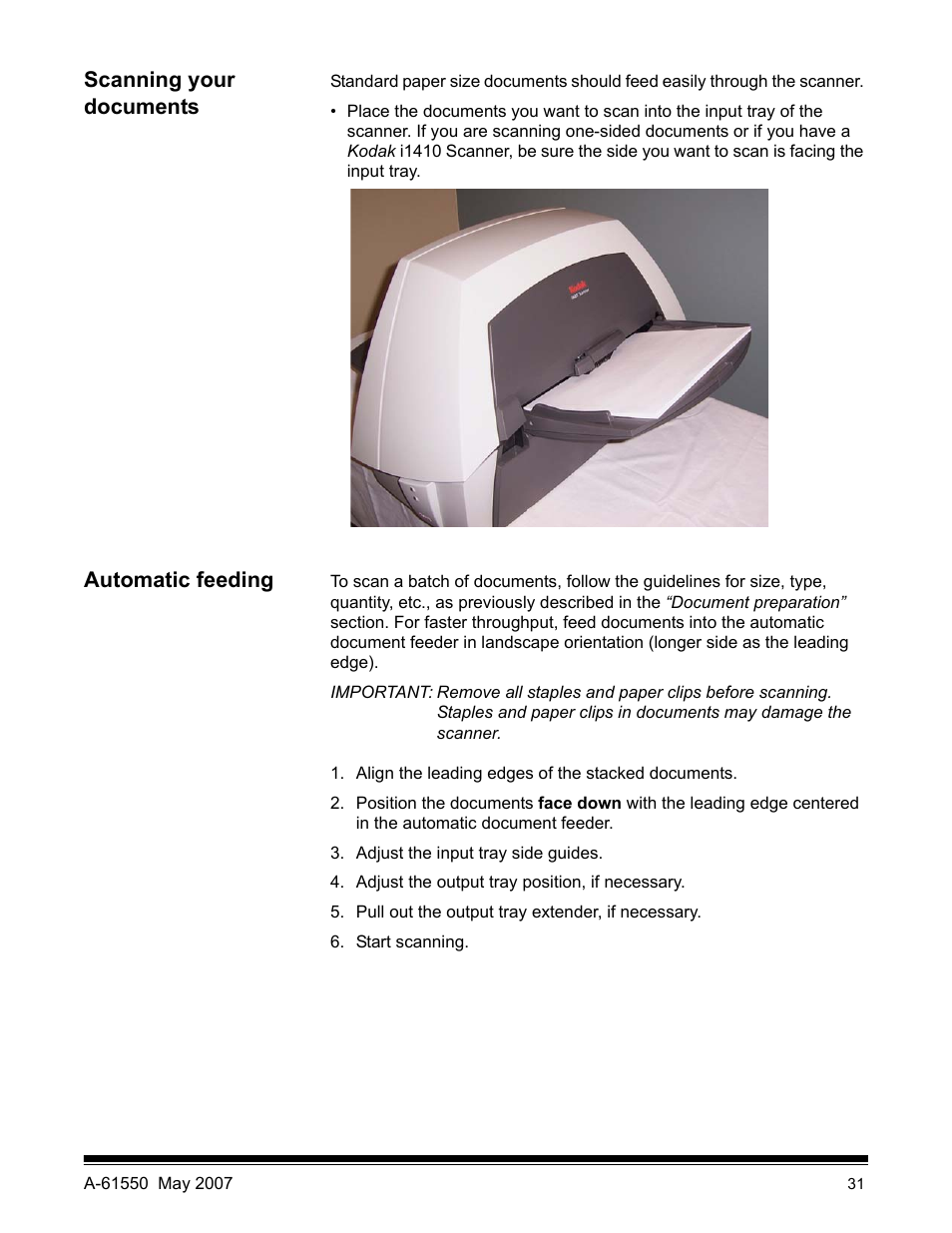 Scanning your documents, Automatic feeding | Kodak I1400 User Manual | Page 36 / 162