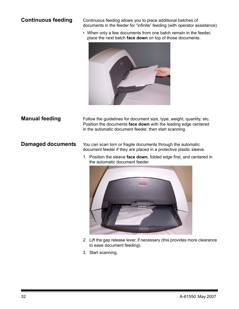 Continuous feeding, Manual feeding, Damaged documents | Kodak I1400 User Manual | Page 37 / 162