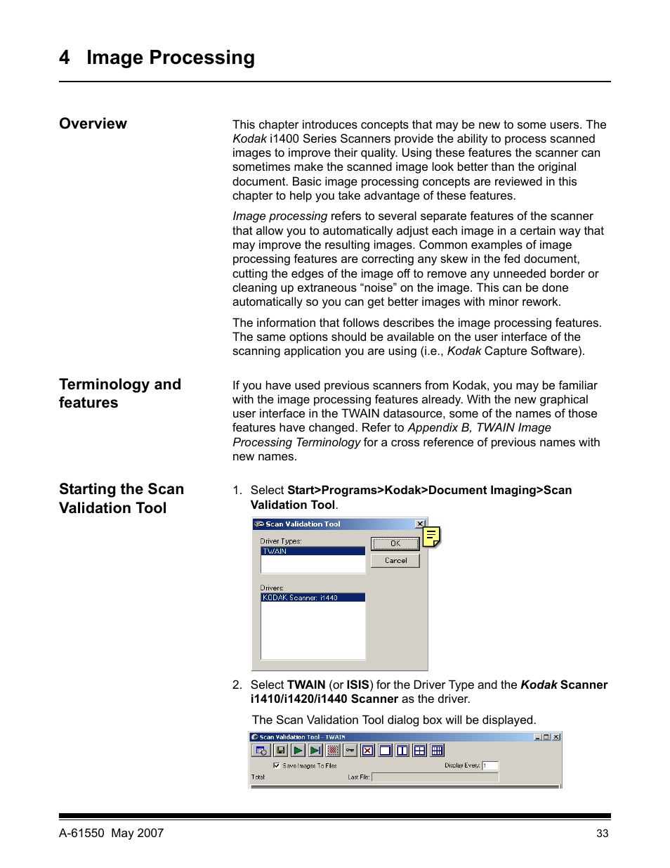 4 image processing, Overview, Terminology and features | Starting the scan validation tool | Kodak I1400 User Manual | Page 38 / 162