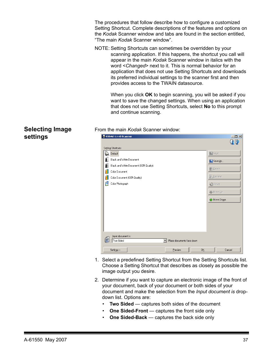 Selecting image settings | Kodak I1400 User Manual | Page 42 / 162