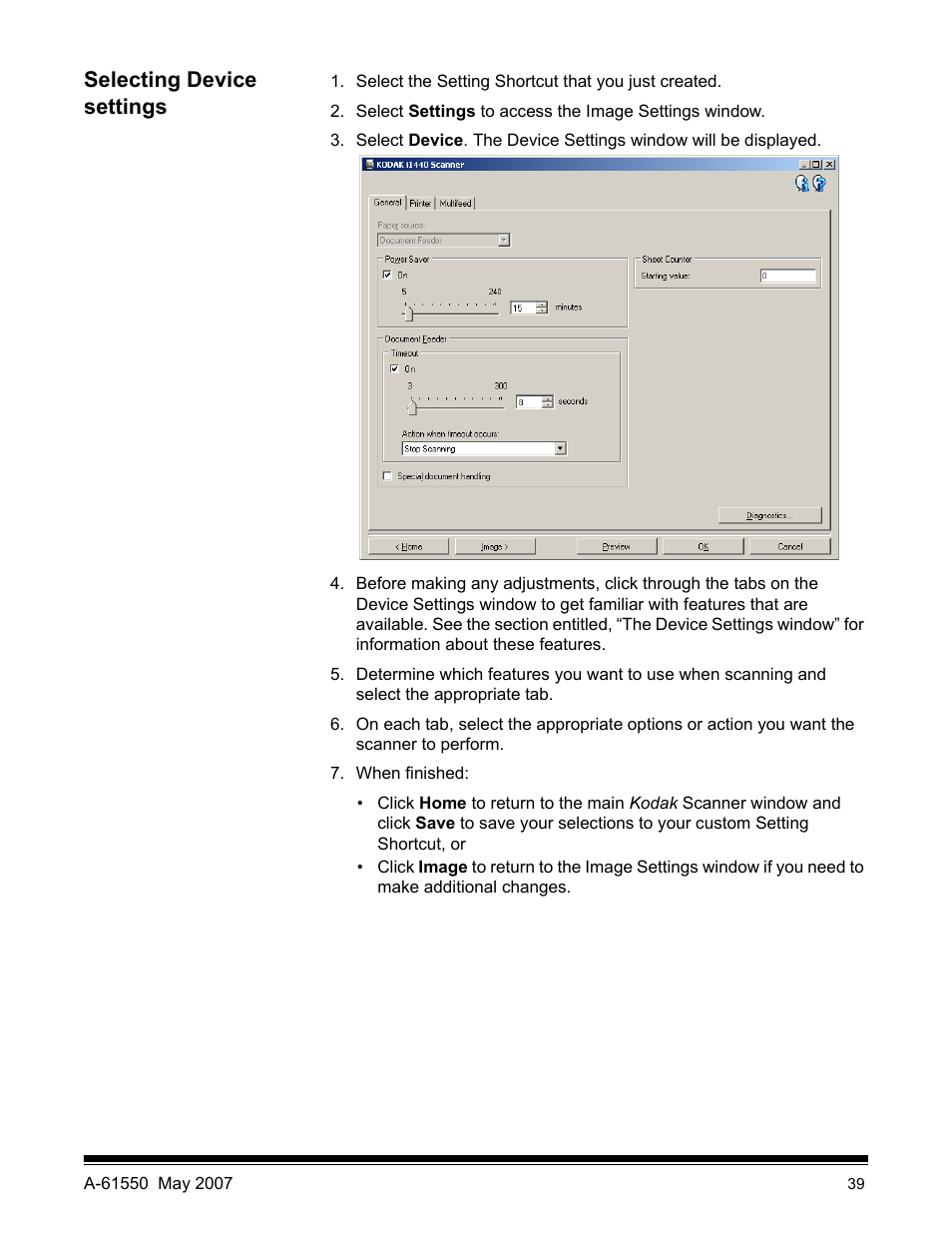 Selecting device settings | Kodak I1400 User Manual | Page 44 / 162