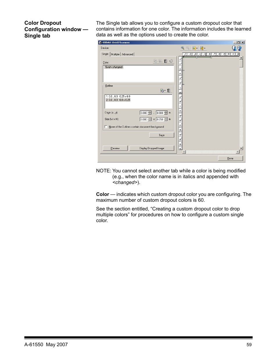 Color dropout configuration window - single tab | Kodak I1400 User Manual | Page 64 / 162