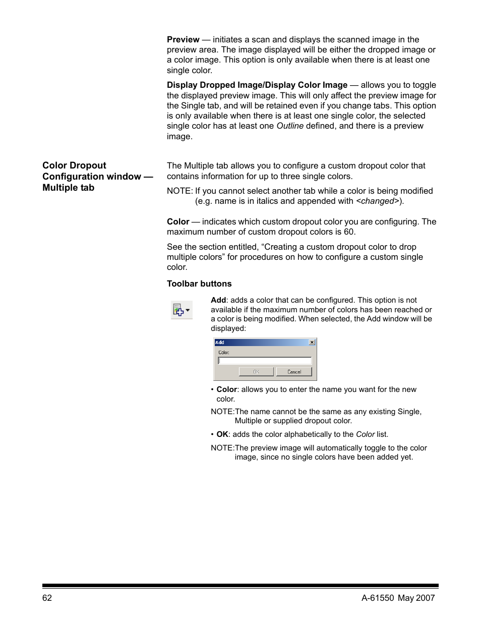 Color dropout configuration window - multiple tab | Kodak I1400 User Manual | Page 67 / 162