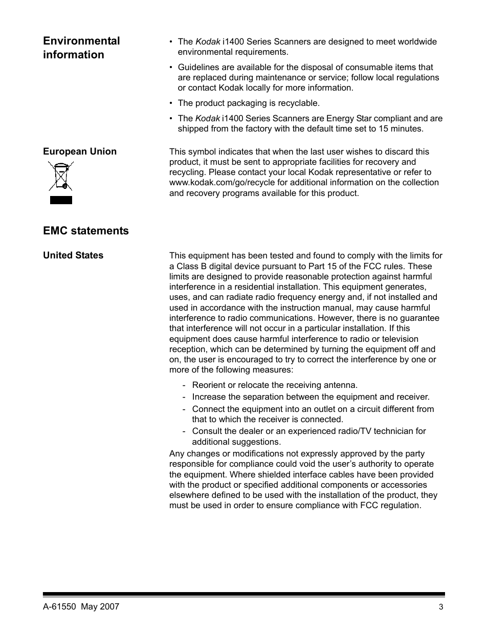 Environmental information, European union, Emc statements | United states | Kodak I1400 User Manual | Page 8 / 162