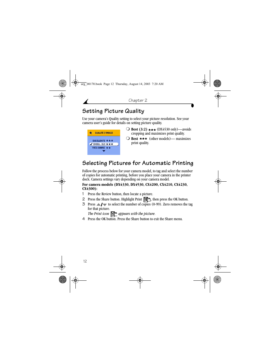 Setting picture quality, Selecting pictures for automatic printing | Kodak EasyShare 4000 User Manual | Page 22 / 76