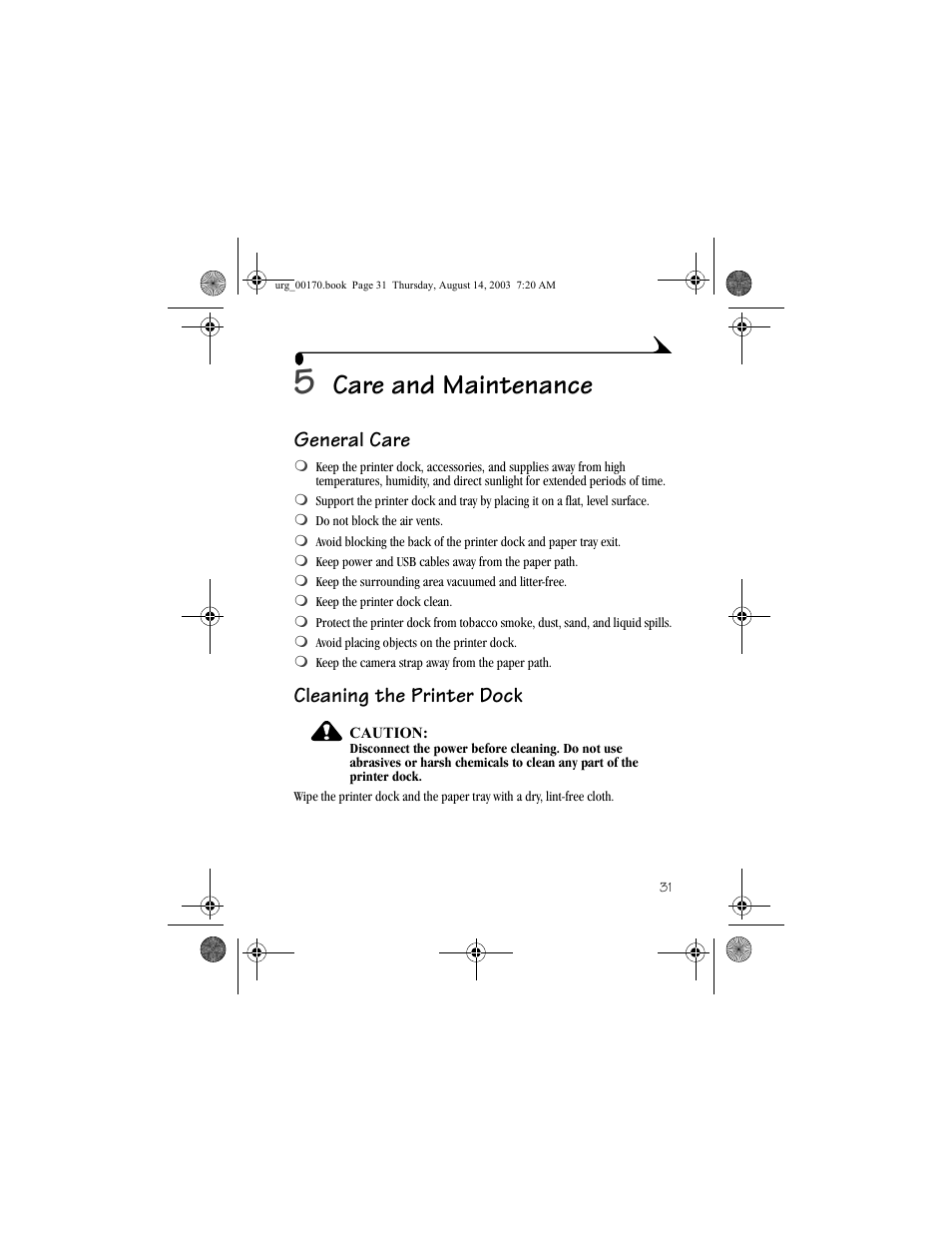 5 care and maintenance, General care, Cleaning the printer dock | General care cleaning the printer dock, Care and maintenance | Kodak EasyShare 4000 User Manual | Page 41 / 76