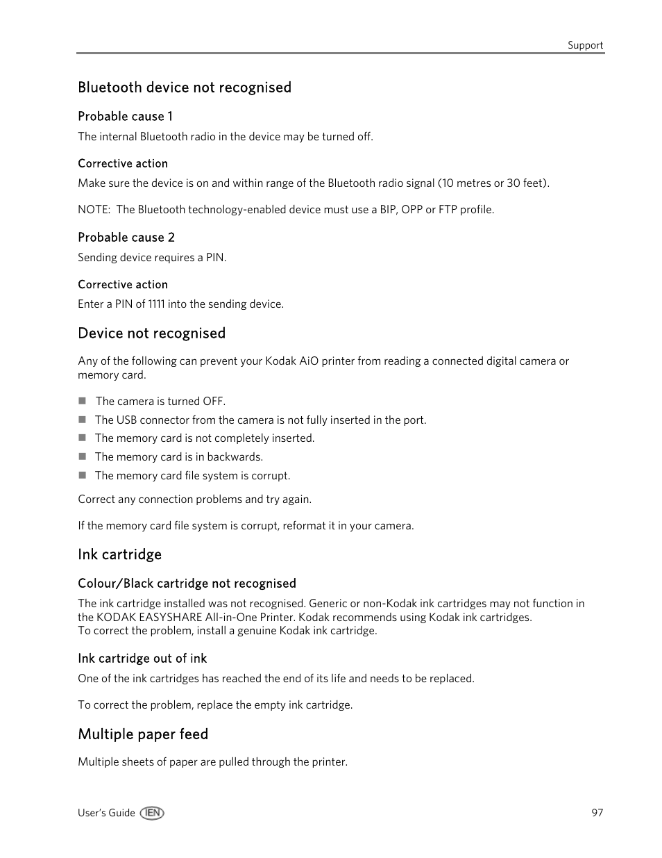 Bluetooth device not recognised, Probable cause 1, Corrective action | Probable cause 2, Device not recognised, Ink cartridge, Colour/black cartridge not recognised, Ink cartridge out of ink, Multiple paper feed | Kodak EasyShare 5500 User Manual | Page 101 / 122