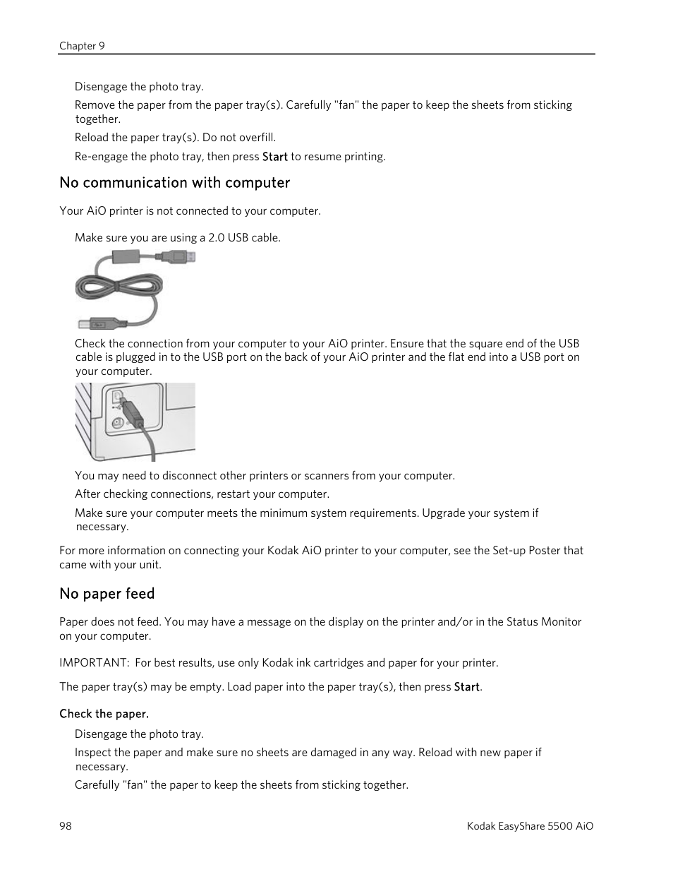 No communication with computer, No paper feed | Kodak EasyShare 5500 User Manual | Page 102 / 122