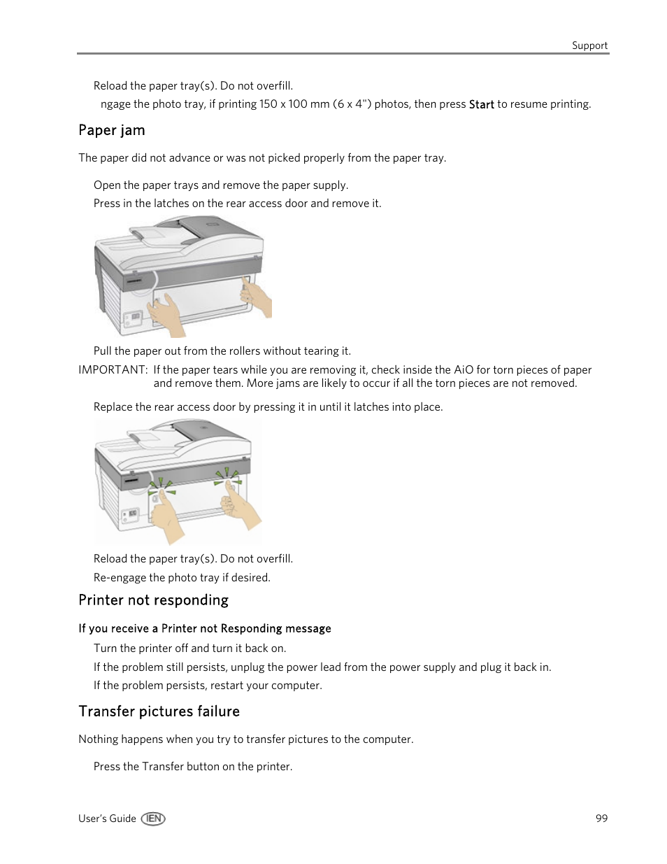 Paper jam, Printer not responding, Transfer pictures failure | Kodak EasyShare 5500 User Manual | Page 103 / 122