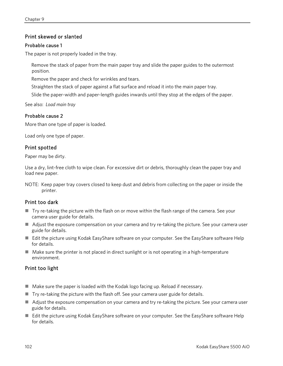 Print skewed or slanted, Probable cause 1, Probable cause 2 | Print spotted, Print too dark, Print too light | Kodak EasyShare 5500 User Manual | Page 106 / 122