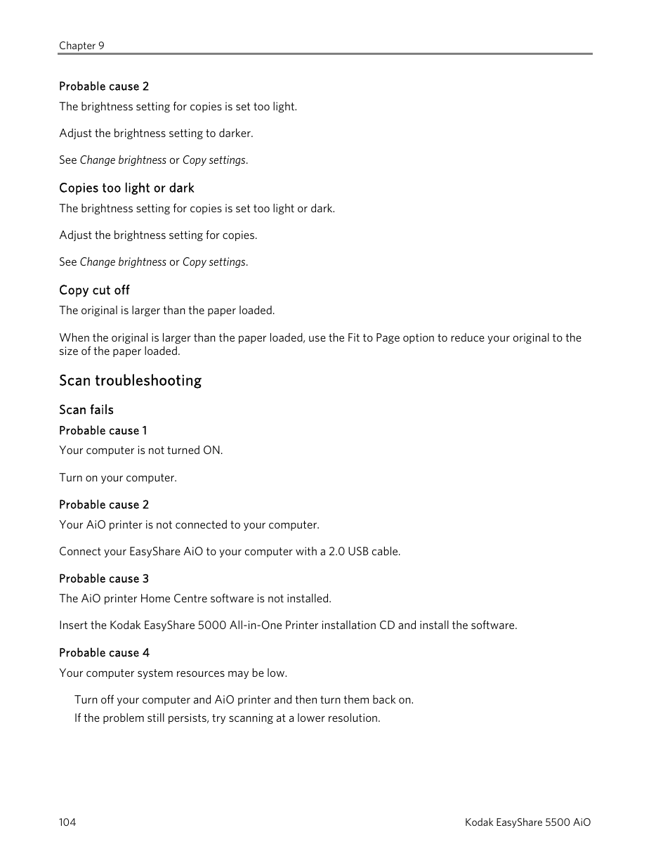 Probable cause 2, Copies too light or dark, Copy cut off | Scan troubleshooting, Scan fails, Probable cause 1, Probable cause 3, Probable cause 4 | Kodak EasyShare 5500 User Manual | Page 108 / 122
