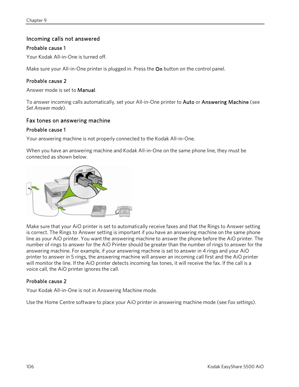 Incoming calls not answered, Probable cause 1, Probable cause 2 | Fax tones on answering machine | Kodak EasyShare 5500 User Manual | Page 110 / 122