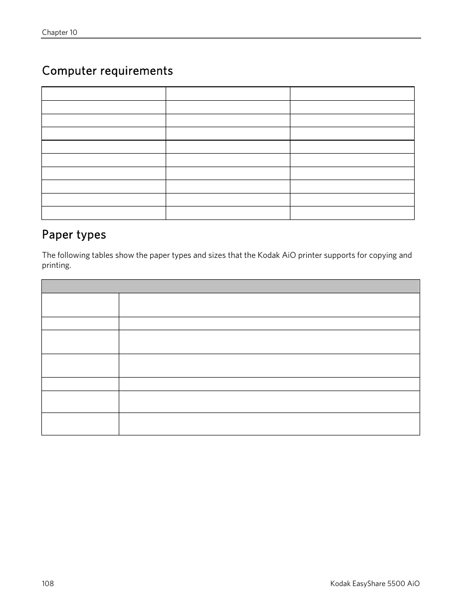 Computer requirements, Paper types | Kodak EasyShare 5500 User Manual | Page 112 / 122