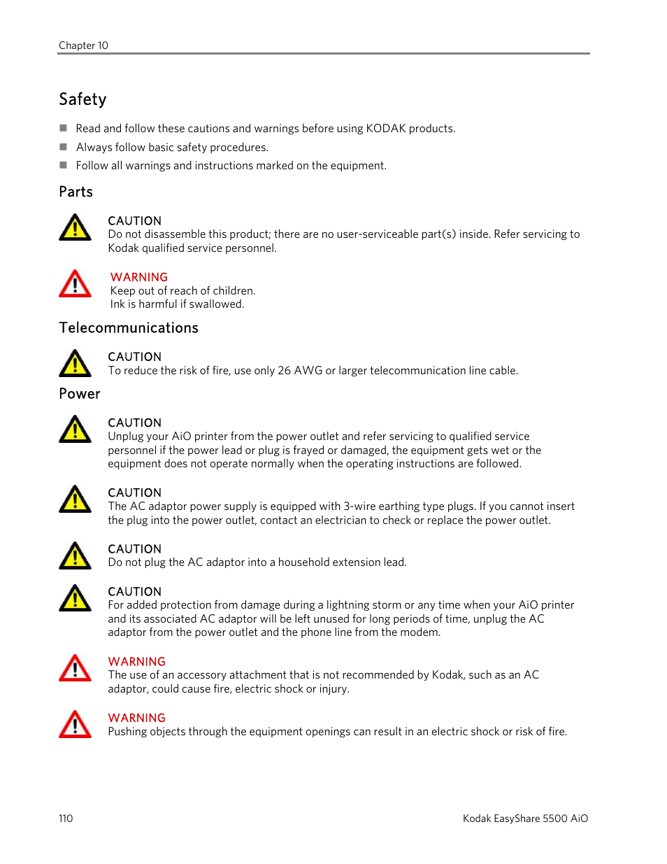 Safety, Parts, Telecommunications | Power | Kodak EasyShare 5500 User Manual | Page 114 / 122