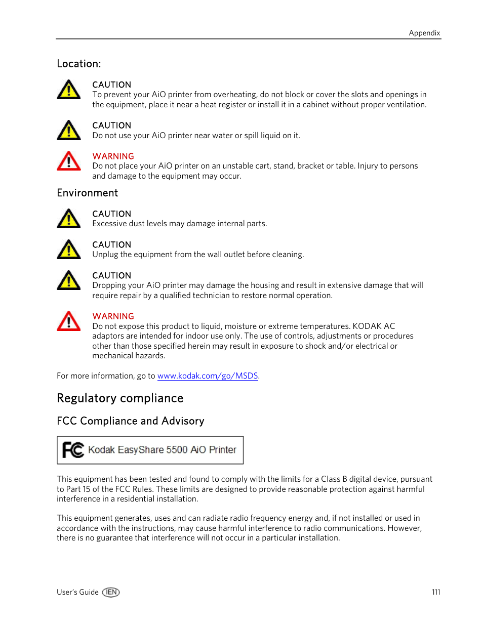 Location, Environment, Regulatory compliance | Fcc compliance and advisory | Kodak EasyShare 5500 User Manual | Page 115 / 122