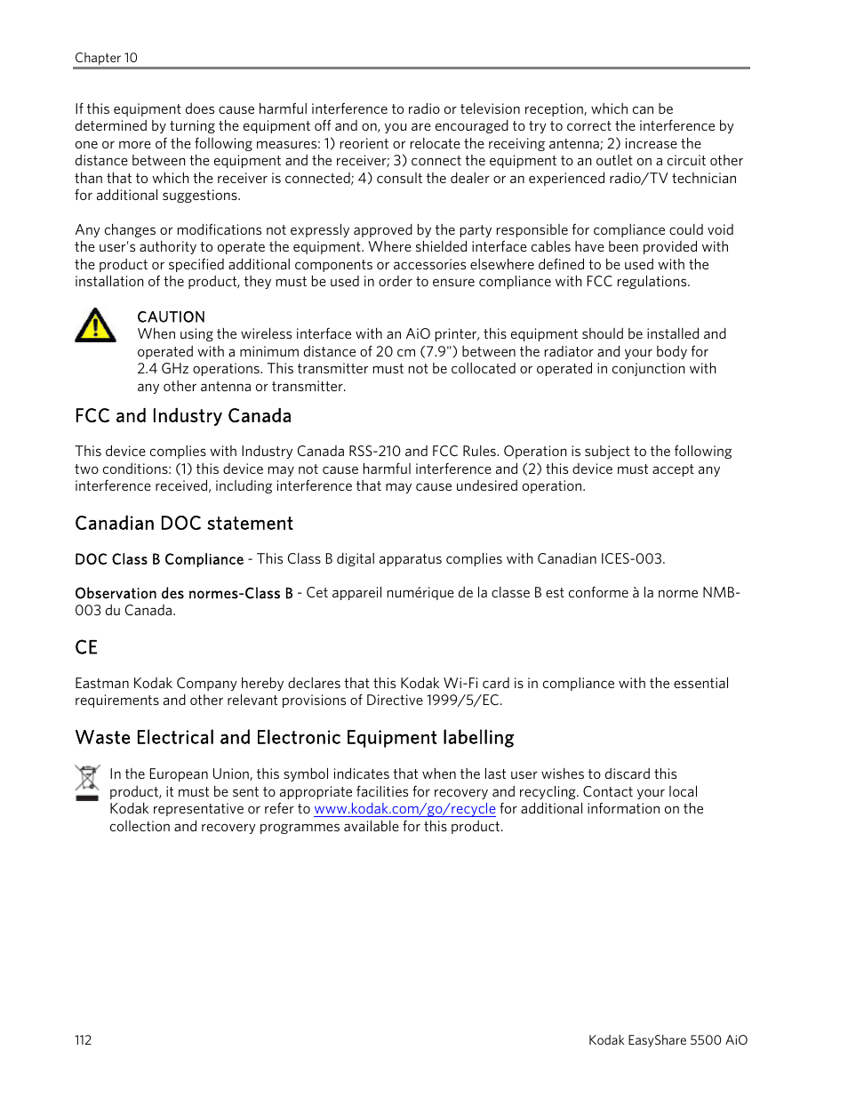 Fcc and industry canada, Canadian doc statement | Kodak EasyShare 5500 User Manual | Page 116 / 122