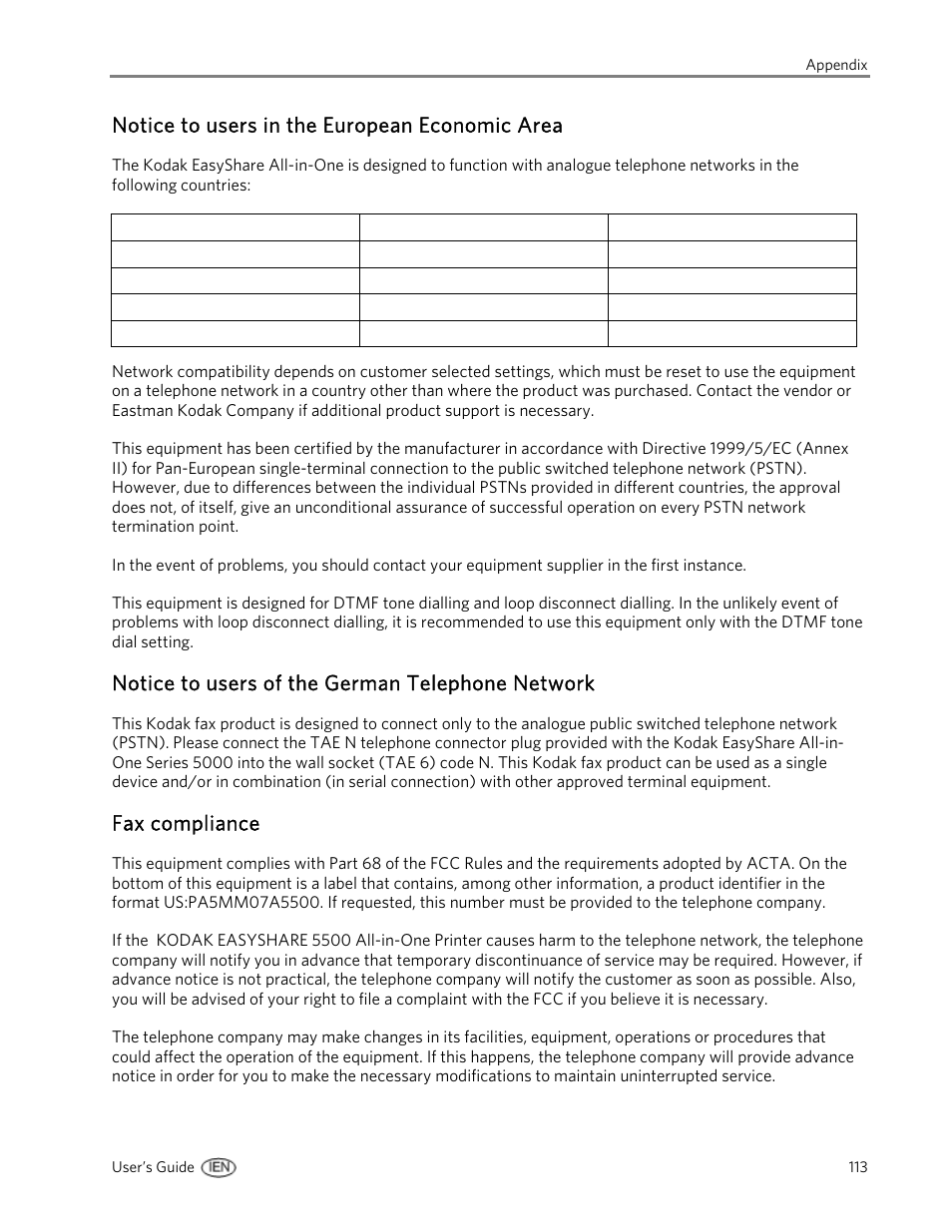 Notice to users in the european economic area, Notice to users of the german telephone network, Fax compliance | Kodak EasyShare 5500 User Manual | Page 117 / 122