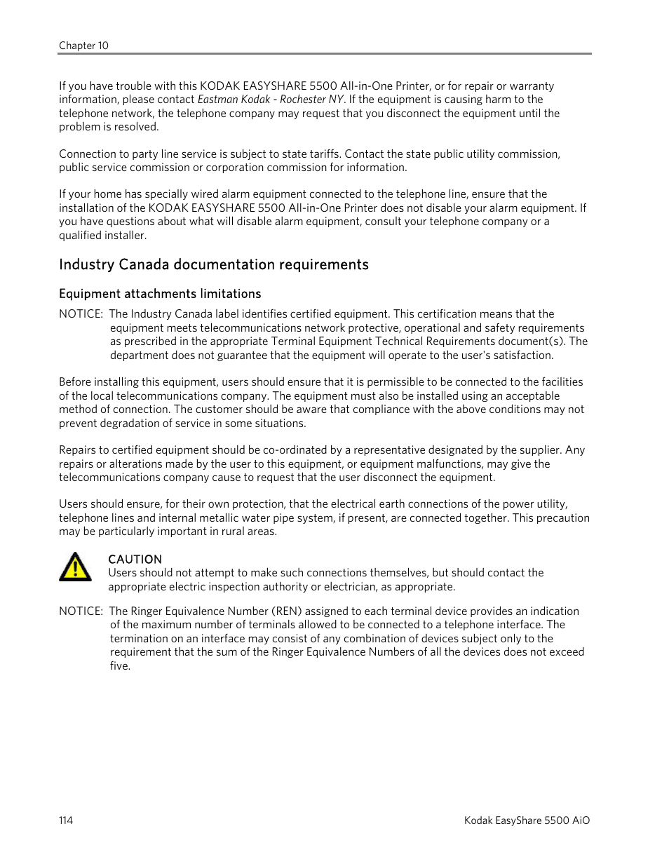 Industry canada documentation requirements, Equipment attachments limitations | Kodak EasyShare 5500 User Manual | Page 118 / 122