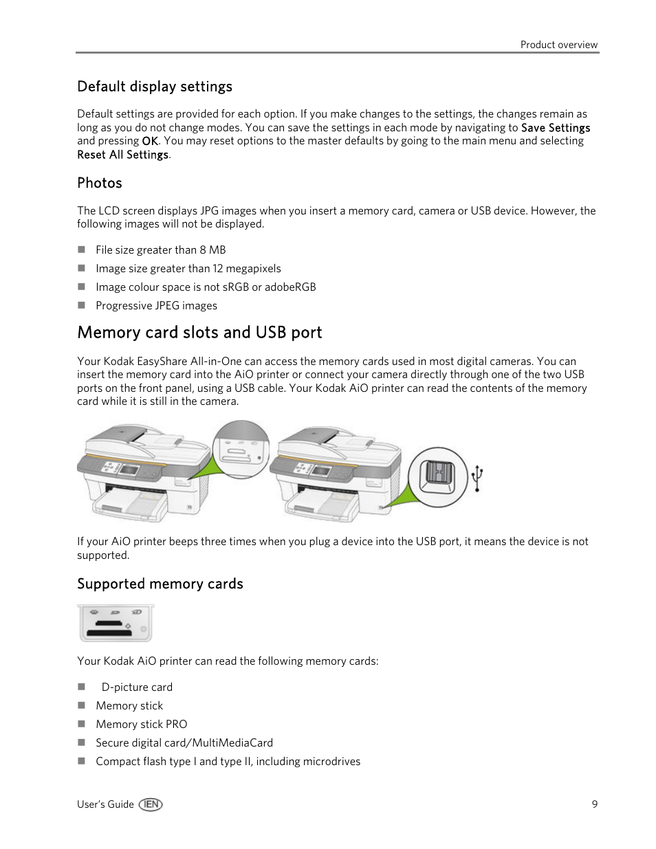 Default display settings, Photos, Memory card slots and usb port | Supported memory cards | Kodak EasyShare 5500 User Manual | Page 13 / 122