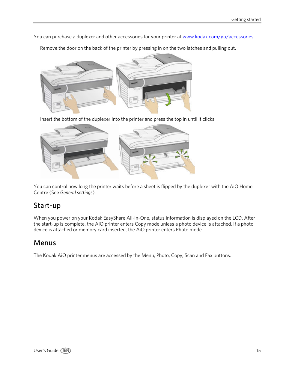 Start-up, Menus | Kodak EasyShare 5500 User Manual | Page 19 / 122