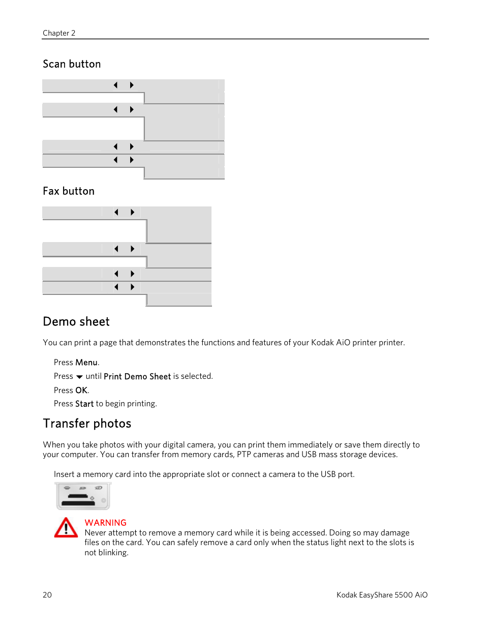 Scan button, Fax button, Demo sheet | Transfer photos | Kodak EasyShare 5500 User Manual | Page 24 / 122