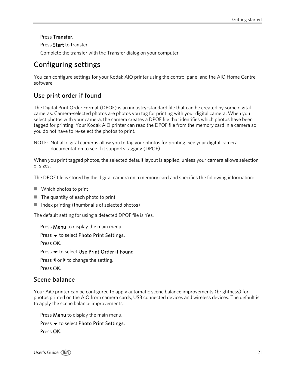 Configuring settings, Use print order if found, Scene balance | Kodak EasyShare 5500 User Manual | Page 25 / 122