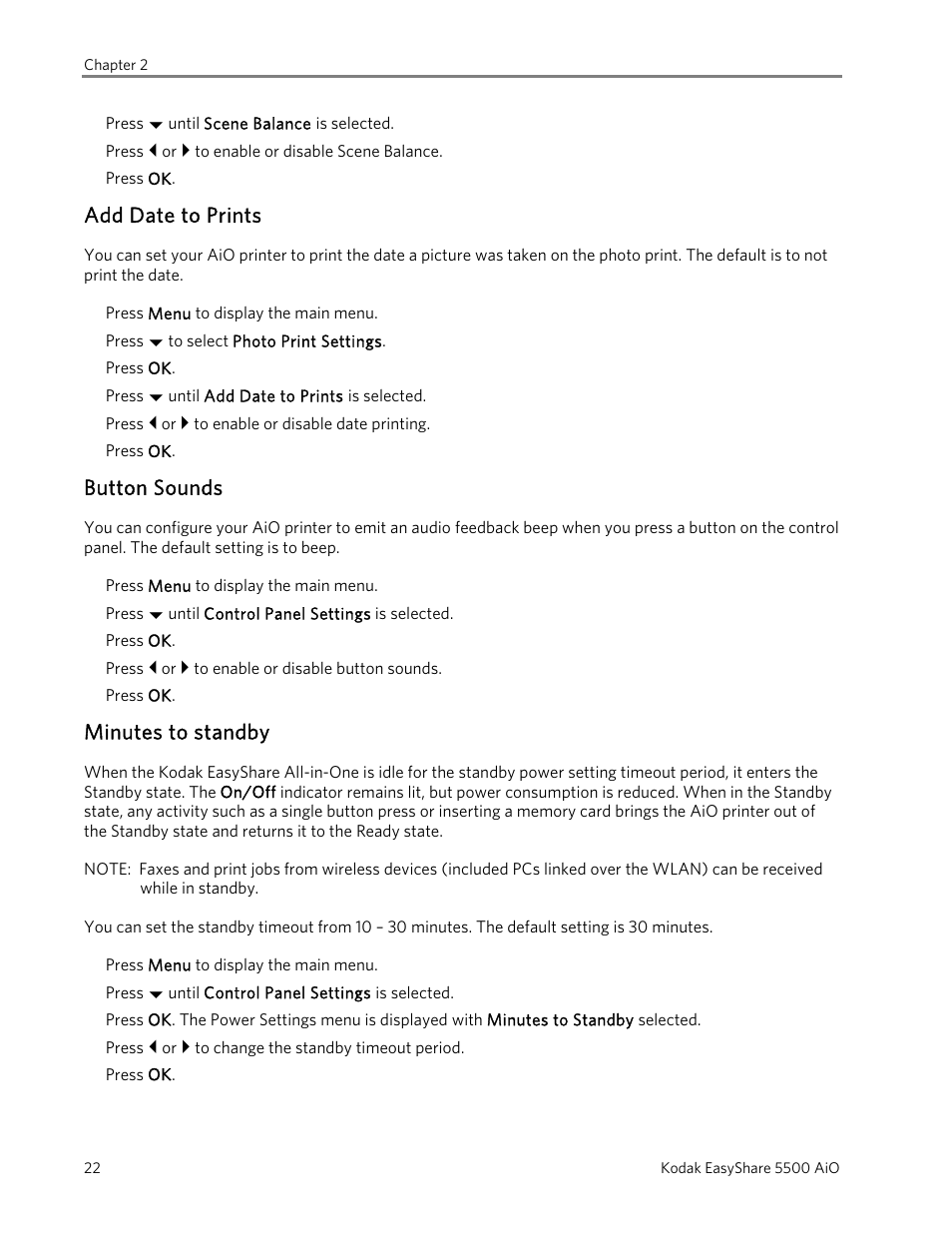 Add date to prints, Button sounds, Minutes to standby | Kodak EasyShare 5500 User Manual | Page 26 / 122