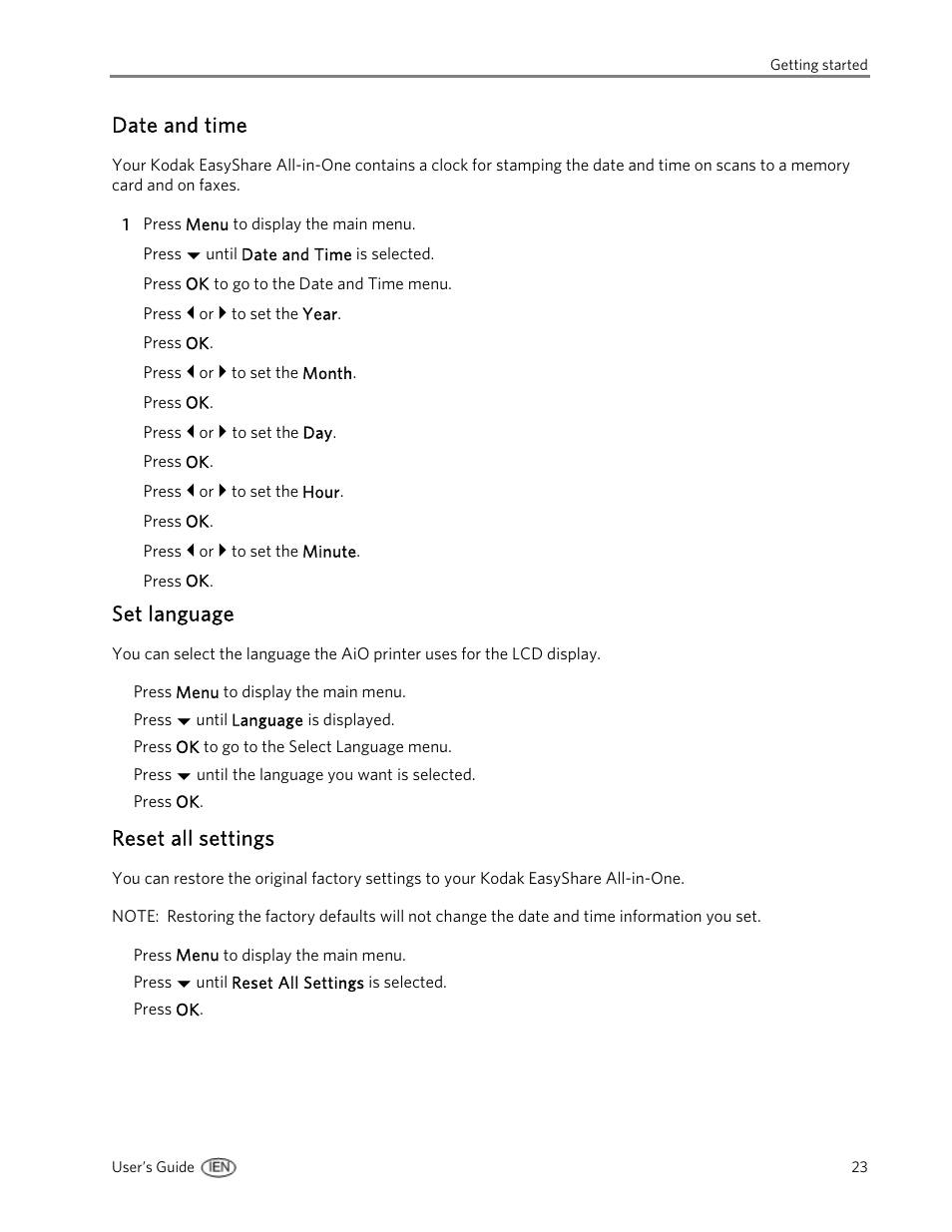 Date and time, Set language, Reset all settings | Kodak EasyShare 5500 User Manual | Page 27 / 122