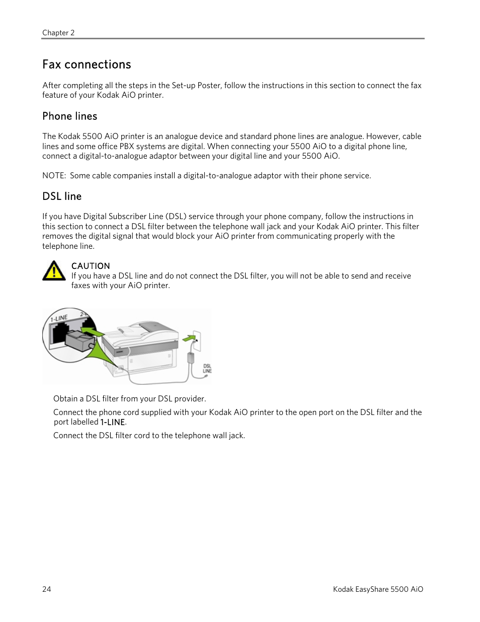 Fax connections, Phone lines, Dsl line | Kodak EasyShare 5500 User Manual | Page 28 / 122